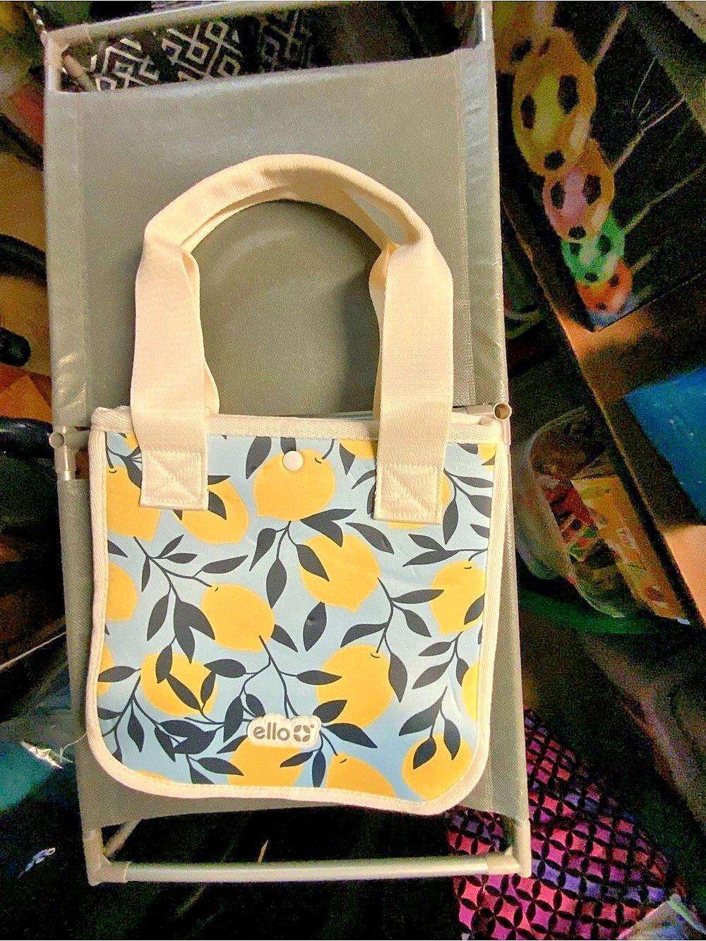 ello Puffer Lunch Tote - Lemon Yellow with lemon lanyard